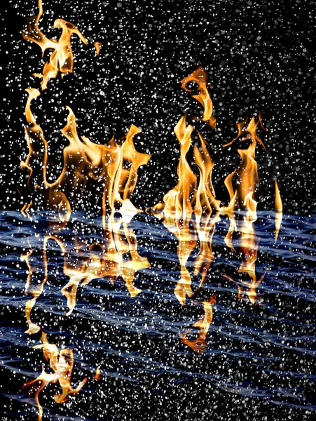 Snow on the fire background with reflection on water — Stock Photo, Image