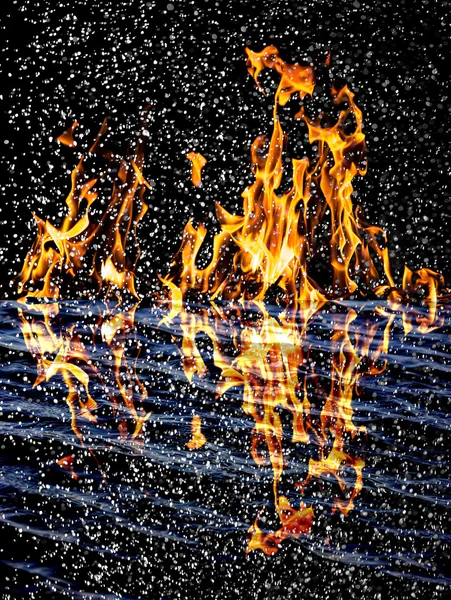 Snow on the fire background with reflection on water — Stock Photo, Image