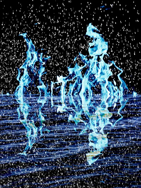 Снег на огненном фоне с отражением на воде — стоковое фото