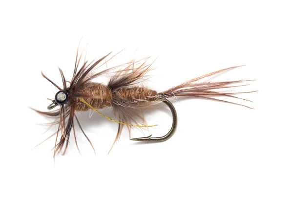 Fluffy fly fishing hook isolated on white — Stock Photo, Image