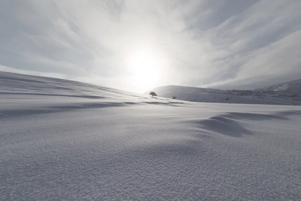 Dawn zon in de besneeuwde bergen — Stockfoto