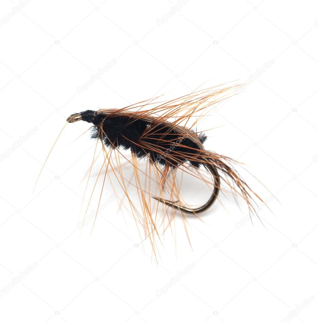 Fluffy fly fishing hook isolated on white