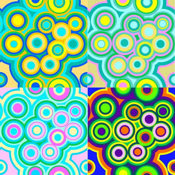 Cuatro Variantes Fondo Psicodélico Abstracto Círculos Patrón Geométrico Multicolor Brillantes — Vector de stock