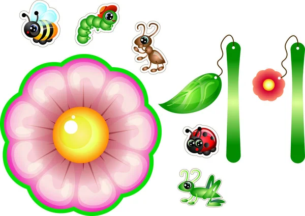Kinderspel Concept Voor Peuters Baby Set Bloemen Insecten Sprinkhaan Lieveheersbeestje — Stockvector