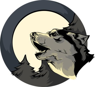 llustration vector logo wolf howling on the moon or dog breed Siberian husky Night in the winter spruce forest dark illustration clipart