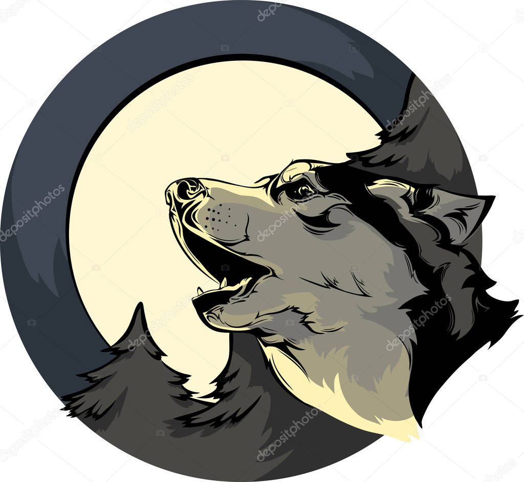 Llustration vector logo wolf howling on the moon or dog breed Siberian husky Night in the winter spruce forest dark illustration