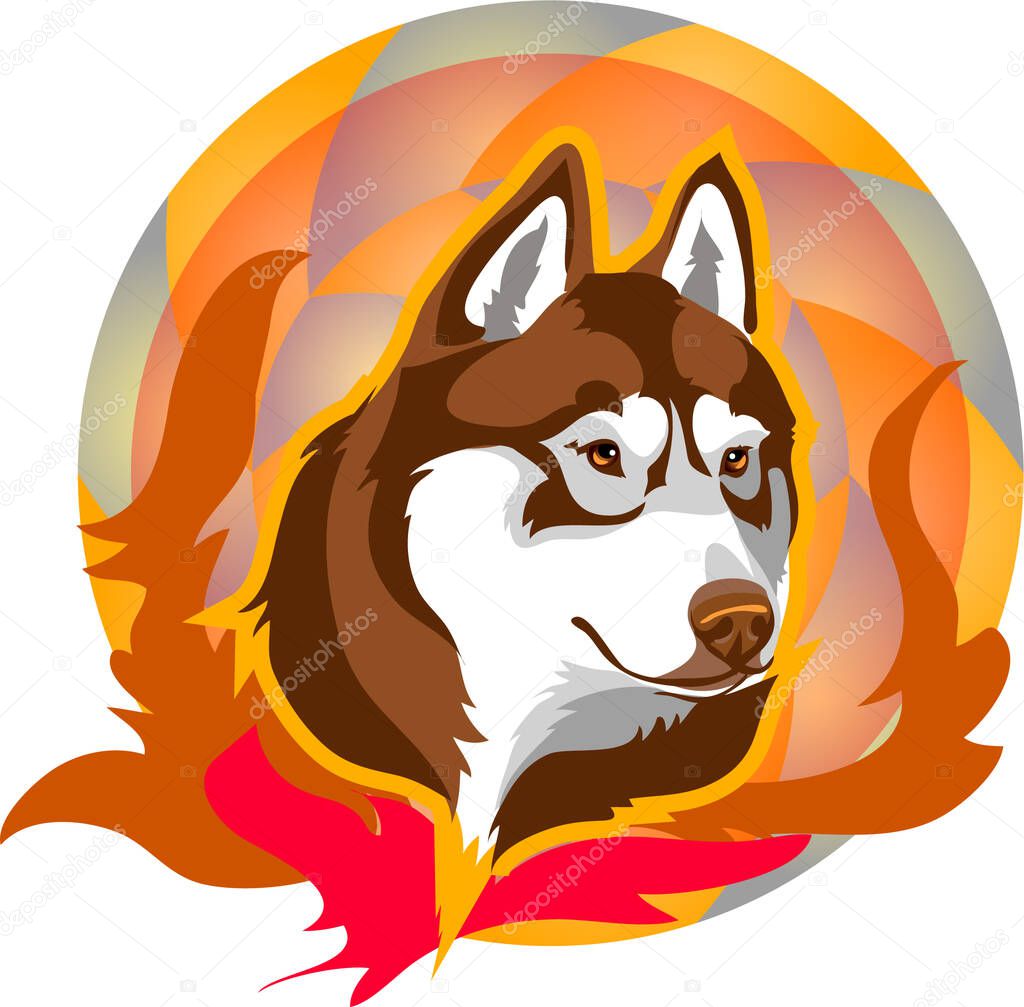 Logo of a fiery wolf or husky dog against the flames The team logo rotating circle fire the dog's head