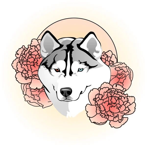 Dibujo Del Tatuaje Hermosa Raza Perro Hembra Tierna Husky Siberiano — Vector de stock