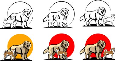 Bir takım elementler küçük ve büyük köpek Kafkas Çoban Köpeği ve Inu Japon Kuvvetleri Siyah, beyaz ve renkli sürüm logosu kulüp köpek severler veya köpek şovu için 