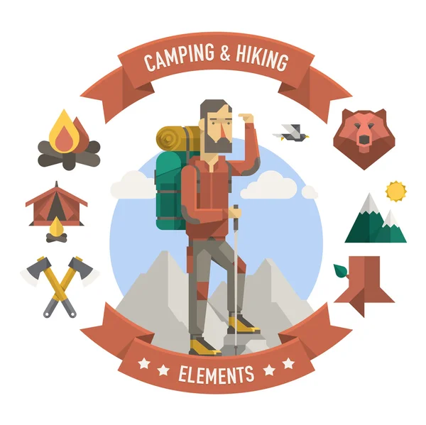 Elementos de camping y excursionista — Vector de stock