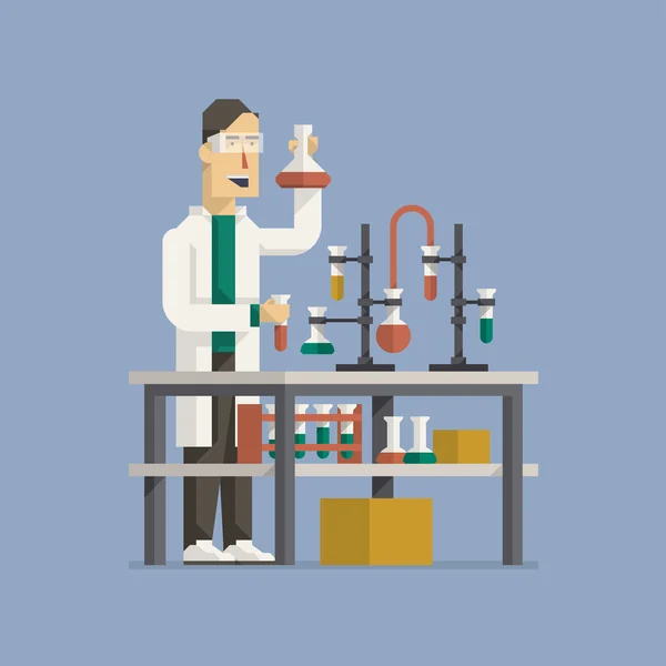 Químico en laboratorio con tubos — Vector de stock