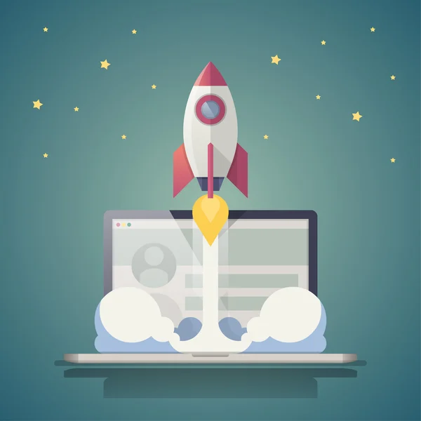 Rocket launch and laptop — Stock Vector