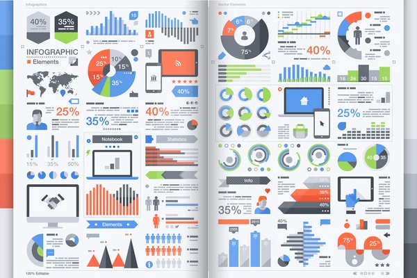 Conjunto de dispositivos planos con elementos infográficos — Archivo Imágenes Vectoriales