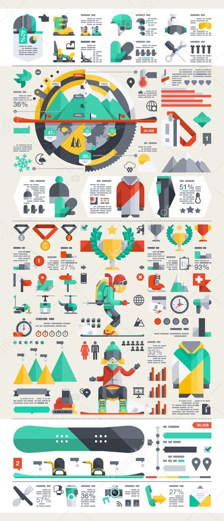 Snowboard and ski infographic background
