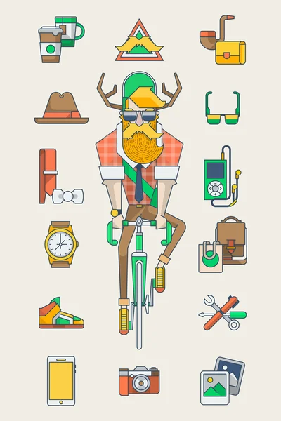 Hipster in sella alla sua bicicletta e accessori — Vettoriale Stock