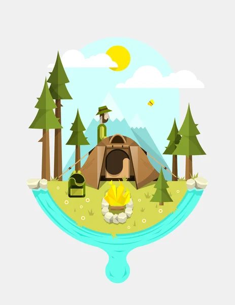 Tent and mountain in forest — Stock Vector