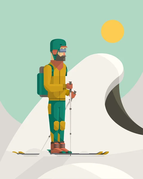 Skier standing on mountain — Stock Vector