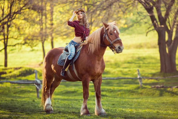 Kovboy kız ve at. Retro tarzı — Stok fotoğraf