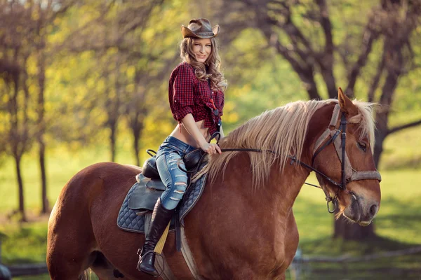 Belle fille souriante chevauchant cheval sur le champ d'automne — Photo