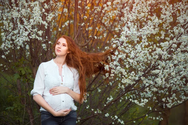 Mujer embarazada hermosa en el jardín floreciente —  Fotos de Stock