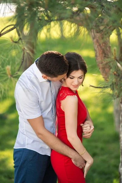 Jovem feliz casal abraçar no parque — Fotografia de Stock