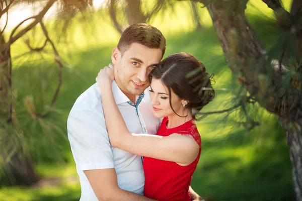 Gelukkige jonge paar omhelzing in park — Stockfoto