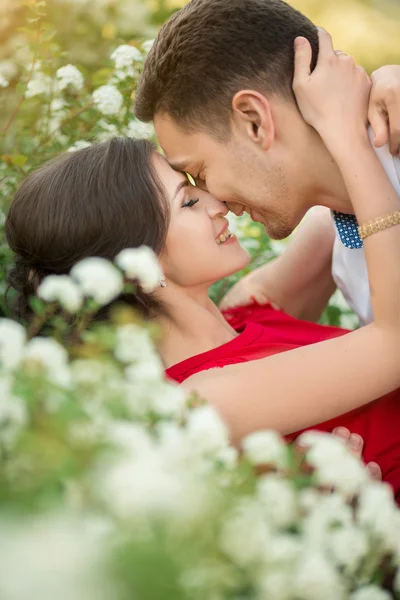 Felice giovane coppia baciare nel parco — Foto Stock
