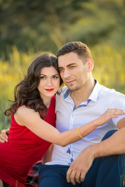 Pareja feliz descansando en el césped en el parque — Foto de Stock