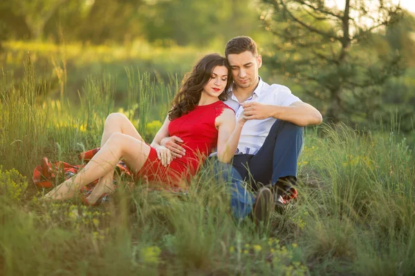 Happy couple resting on grass in park — Stock Photo, Image