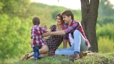 Çimenlerin üzerinde bir parkta mutlu aile