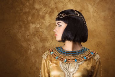 Altın arka plan üzerinde güzel kadın Mısır Kraliçesi Kleopatra gibi. Yan görünüm, yüz profili