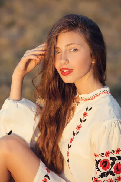 Portrait of beautiful girl in meadow in national suite — Stock Photo, Image