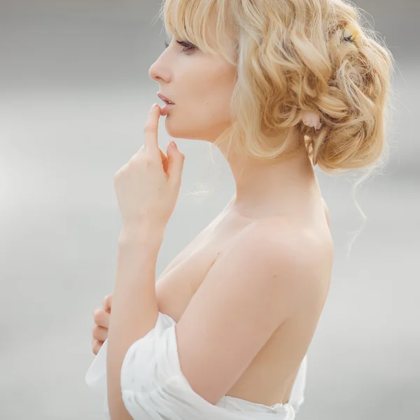 Portrait of romantic blond woman white dress — Stock Photo, Image