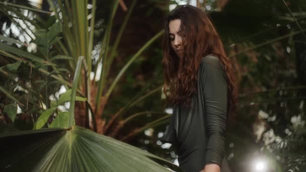 Žena stojící v tropické džungli v létě — Stock video