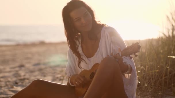 Woman with Ukulele Beach Summer Holiday Vacation — Stock Video