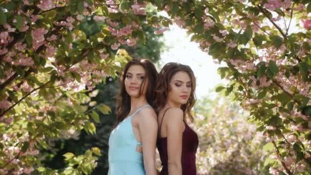 Vårens skönhetsporträtt av två kvinnor på naturen — Stockvideo