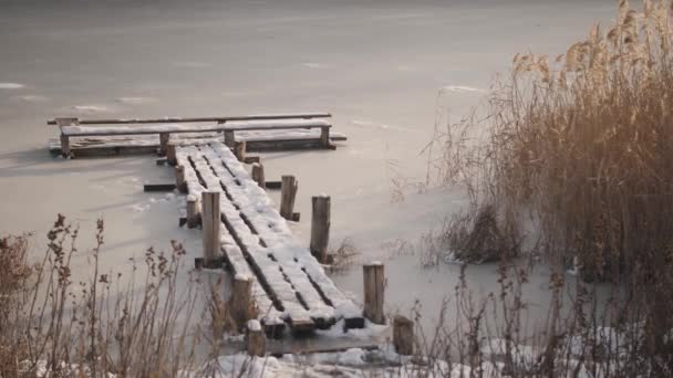 Fischersteg und Rohrstock im Winter auf dem Fluss — Stockvideo