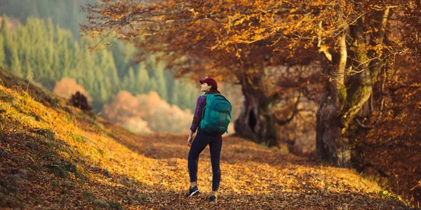 Caminhante feminina na estrada rural perto da floresta de montanha — Fotografia de Stock