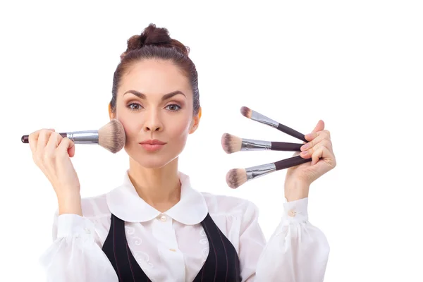 Woman with makeup brushes.  All isolated on white background. — Stock Photo, Image