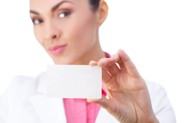Visitenkarte - Geschäftsfrau mit leerem Schild. alles isoliert auf weißem Hintergrund. — Stockfoto