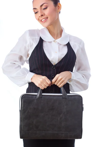 Fiduciosa donna d'affari con valigetta. Tutto isolato su sfondo bianco . — Foto Stock