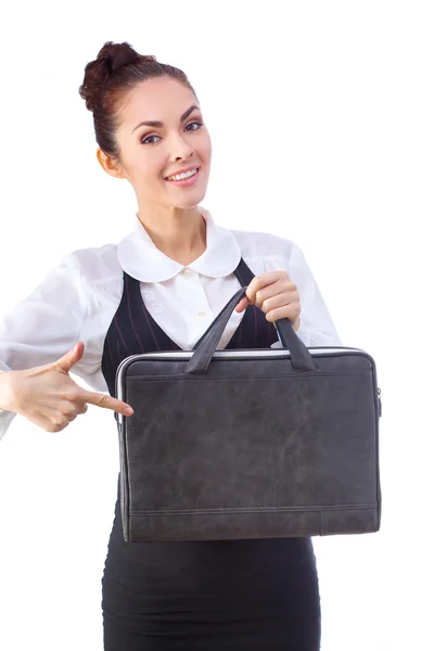 Selbstbewusste Geschäftsfrau mit Aktentasche. alles isoliert auf weißem Hintergrund. — Stockfoto