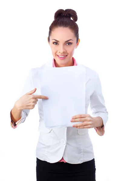 Successful  businesswoman holding blank whiteboard sign. All isolated on white background. Royalty Free Stock Images