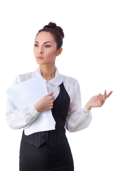 Successful  caucasian businesswoman holding whiteboard sign. — Stock Photo, Image