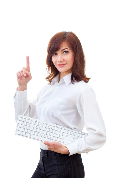 Woman in white shirt with computer keyboard — Stock Photo, Image