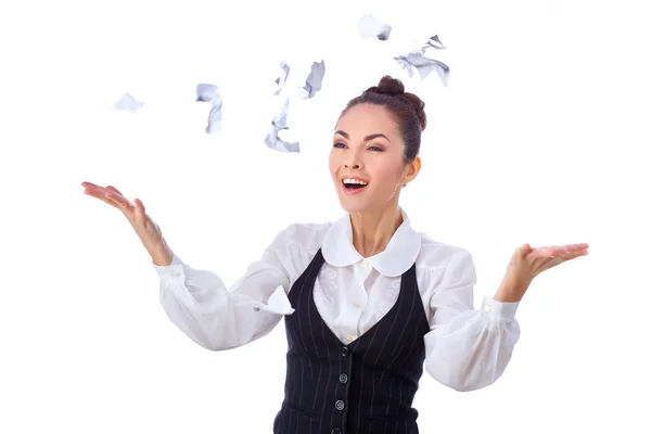 Breaking contract. Furious young woman throwing ripped up paperwork — Stock Photo, Image