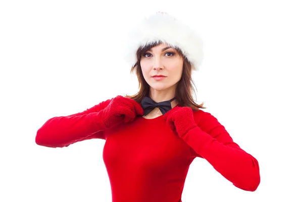 Portret atrakcyjna kobieta dorosły kaukaski na białym tle na wyśmienity biały kapelusz Mikołaje i czerwona sukienka — Zdjęcie stockowe