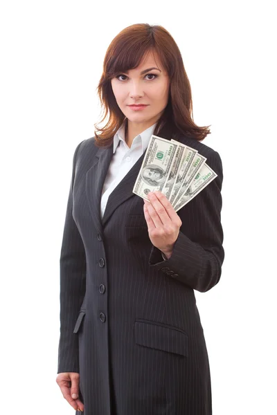 Businesswoman holding dollars — Stock Photo, Image