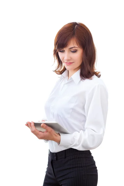 Adult female in shirt using tablet — Stock Photo, Image