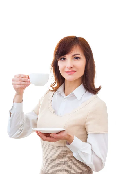 Nő élvez, ő csésze tea, fehér háttér — Stock Fotó